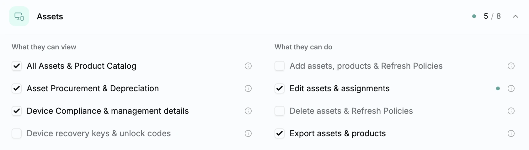 Asset permissions for a custom role, split into what the role can view and what it can do