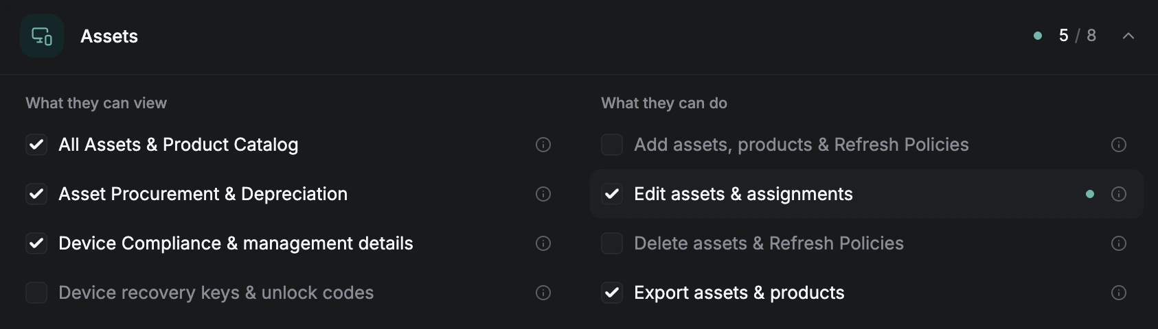 Asset permissions for a custom role, split into what the role can view and what it can do